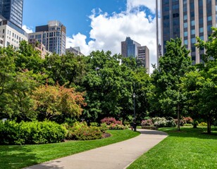 Fototapeta premium Urban Park Pathway Surrounded by Lush Greenery and Cityscape