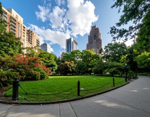 Lush Urban Park with Vibrant Greenery and Modern Skyline Background