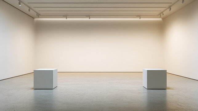 Empty gallery interior with two white cubes on polished floor, showcasing blank space for art display or product presentation, minimalist and modern design
