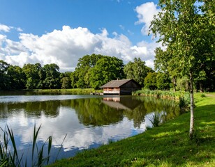 Obraz premium Tranquil Lakeside Scene with Cottage Reflection and Blue Sky