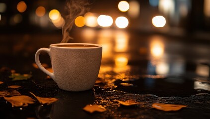 Obraz premium Warm coffee on a rainy night