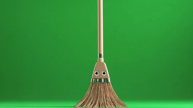 Friendly cartoon broom character with big eyes standing on vibrant green background