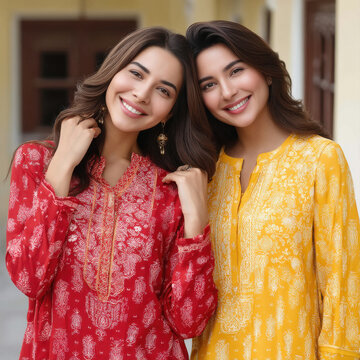 young women in embroidery kurti