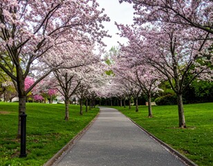 Obraz premium Serene Pathway Under Blooming Cherry Blossom Trees in Spring