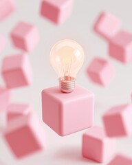Glowing Lightbulb on Pink Cube with Floating Blocks