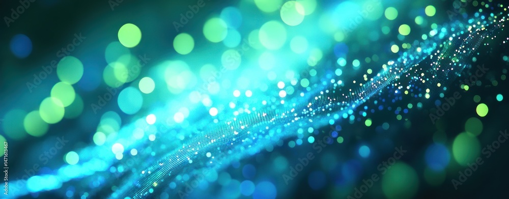 Poster abstract teal wave of sparkling light particles and bokeh lights floats left to right
