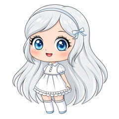 Cute Chibi Doll-Like Figure with Long Flowing Silver Hair on Transparent Background
