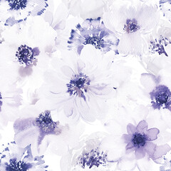Seamless Watercolor Floral Pattern in Soft Indigo and Lilac Tones