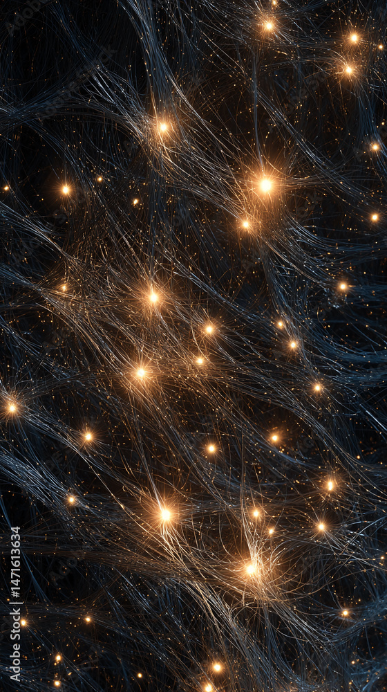 Poster intricate network of glowing fibers and bright points, suggesting connection, neural pathways or cos