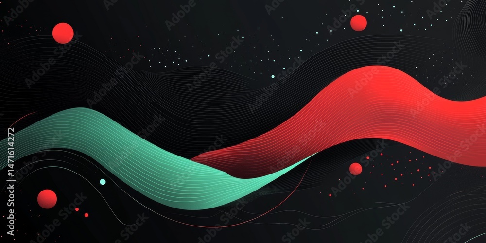 Poster a black and red abstract space scene with a green square and a red sphere
