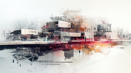 Abstract architectural rendering of a modern city complex.
