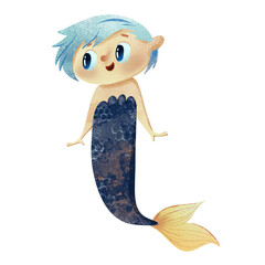 Smiling mermaid boy with big open eyes, light blue hair, and a curled dark blue tail. Hand-painted digital watercolor illustration in children's style. Perfect for kids' designs, prints, nursery decor