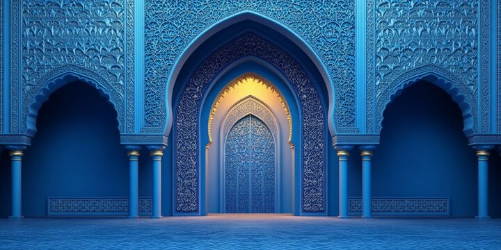 A blue building with arched doorways and a blue interior