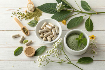 Natural supplements with pills powder and botanicals representing healthy lifestyle and wellness.
