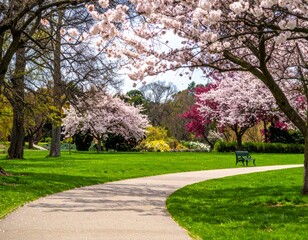 Serene Spring Park Pathway with Blooming Cherry Trees and Green Grass