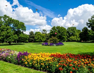 Obraz premium Vibrant Flower Garden Under Bright Blue Sky with Butterfly Activity