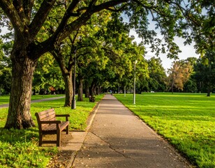 Serene Park Path with Benches and Lush Green Trees in Afternoon Light