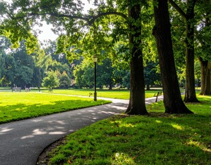 Serene Pathway Through Lush Green Park Under Gentle Morning Light