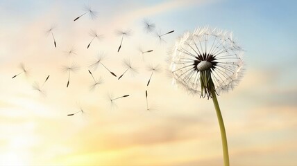 Dandelion seeds blowing in the wind against a golden sunset sky dandelion seeds blowing wind sunset