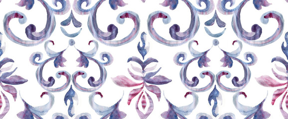 Seamless watercolor motif pattern. Baroque pattern design.