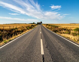 Serene Open Road Through Grassy Fields Under Clear Blue Sky