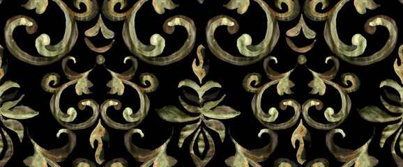 Seamless watercolor motif pattern. Baroque pattern design.