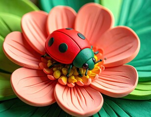 Colorful clay ladybug sculpture on vibrant flower petals