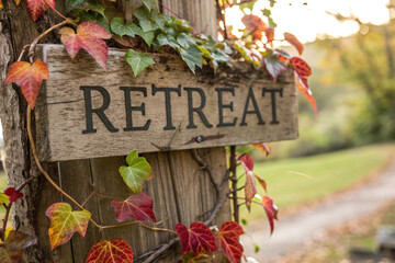 Rustic wooden sign indicating a retreat with colorful leaves and blurred background.