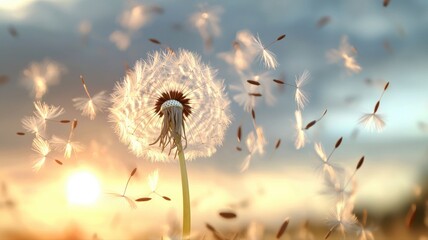 Obraz premium Dandelion Seeds Blowing in Golden Sunset Light dandelion seeds blowing sunset wind sunlight nature