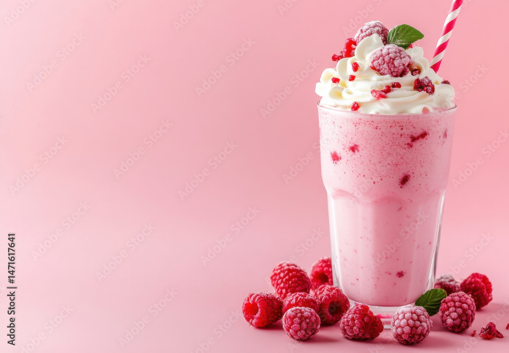 Poster delicious raspberry milkshake with whipped cream and fresh raspberries, served in a tall glass with 