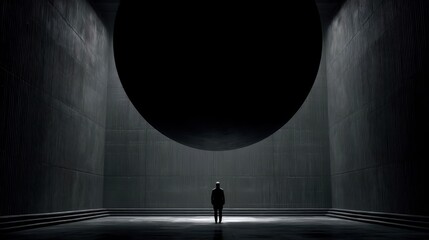 Abstract architectural interior scene with a large dark circle.
