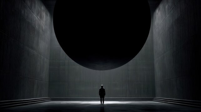 Abstract architectural interior scene with a large dark circle.