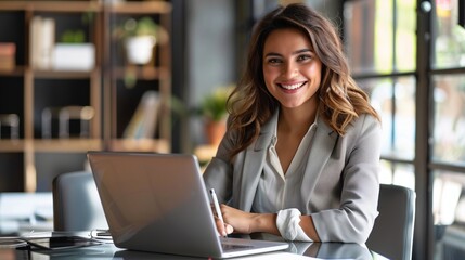 young Hispanic businesswoman, a dedicated entrepreneur, sits confidently at her high-end office desk
