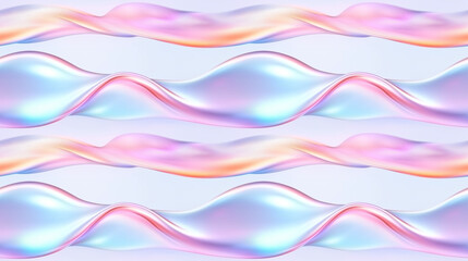 Elegant holographic wavy ribbons seamless pattern with iridescent gradient effect, pastel colored silk smooth flowing stripes on light background for modern digital design, feminine abstract texture