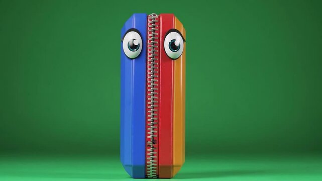 Colorful cartoon pencil case with cartoon eyes on a bright green background
