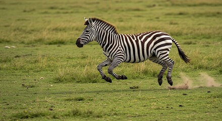 Naklejka premium Zebra dashes across verdant grassland