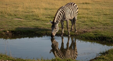 Naklejka premium Zebra drinks its reflection mirrored in water