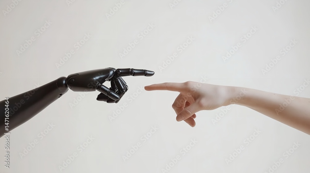 Poster artificial intelligence touches humanity reaching for connection in a digital future shown with soft