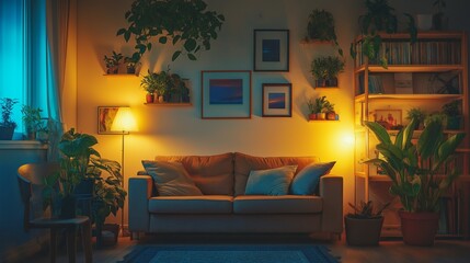 Cozy Evening Living Room Interior with Sofa, Warm Lighting, Indoor Plants, Bookshelf, Wall Art and Window Light Contrast, Comfortable Home Decor Scene with Relaxing Atmosphere and Natural Elements