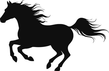 Obraz premium Black Silhouette of Galloping Horse with Flowing Mane and Tail – Dynamic Running Horse Vector Illustration for Art, Print, and Design