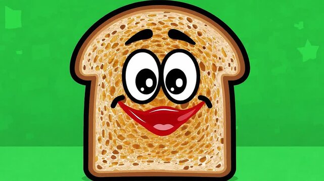 Cute Cartoon Slice of Bread with Happy Face and Cheerful Expression on Green Background