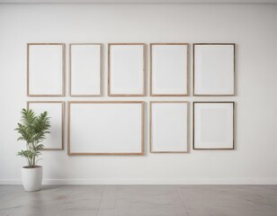 Minimalist gallery wall mockup  White background, diverse frames ,  asset,  white wall
