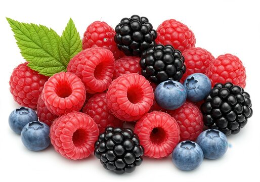 Assorted fresh berries including raspberries blackberries and blueberries on white background