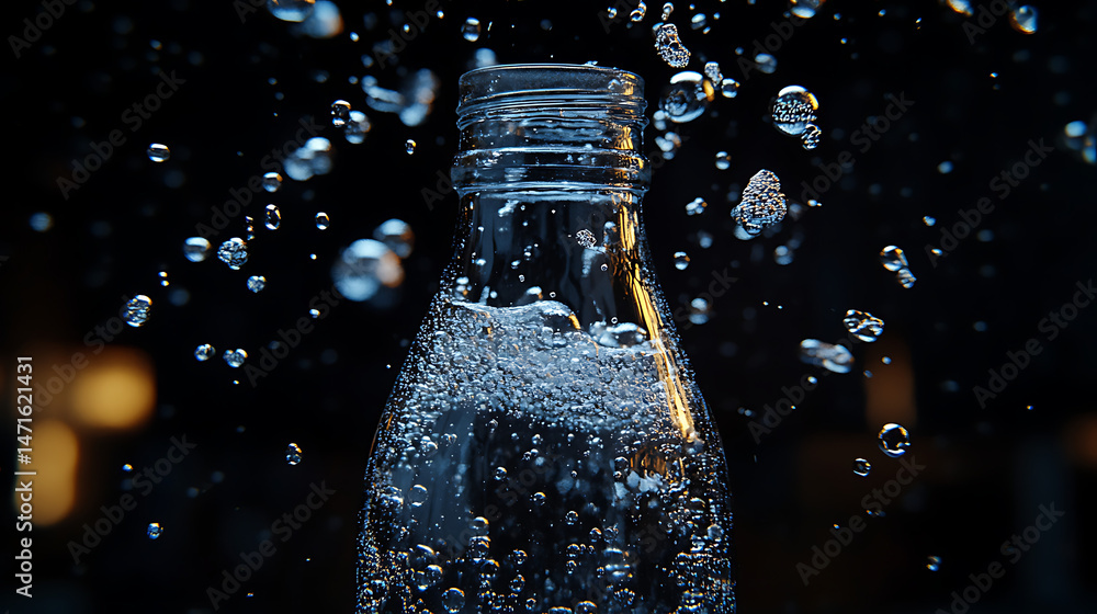 Poster close-up of clear glass bottle with sparkling water droplets and bubbles against a dark blurred back