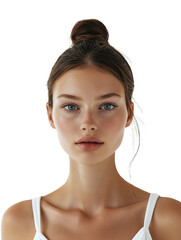 Minimalist beauty portrait of young woman with natural makeup and clean skin, front view close-up in white tank top against bright background, modern aesthetic photography with soft natural light