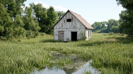 Abandoned Rustic House in Summer Marsh Landscape marsh summer abandoned rustic house nature outdoors
