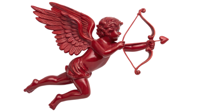 a red cupid figure with large ornate wings poised mid flight holding a bow and aiming a heart tipped arrow exuding charm and romance isolated on a transparent background 75373810 1