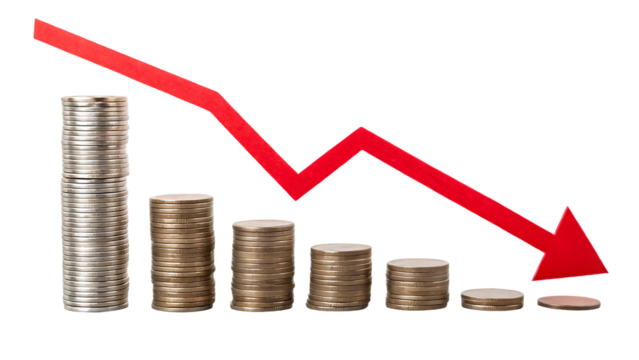 a red downward arrow overlays a series of stacked coins that decrease in size isolated on a transparent background representing financial loss economic downturn or shrinking investments 36960713 1