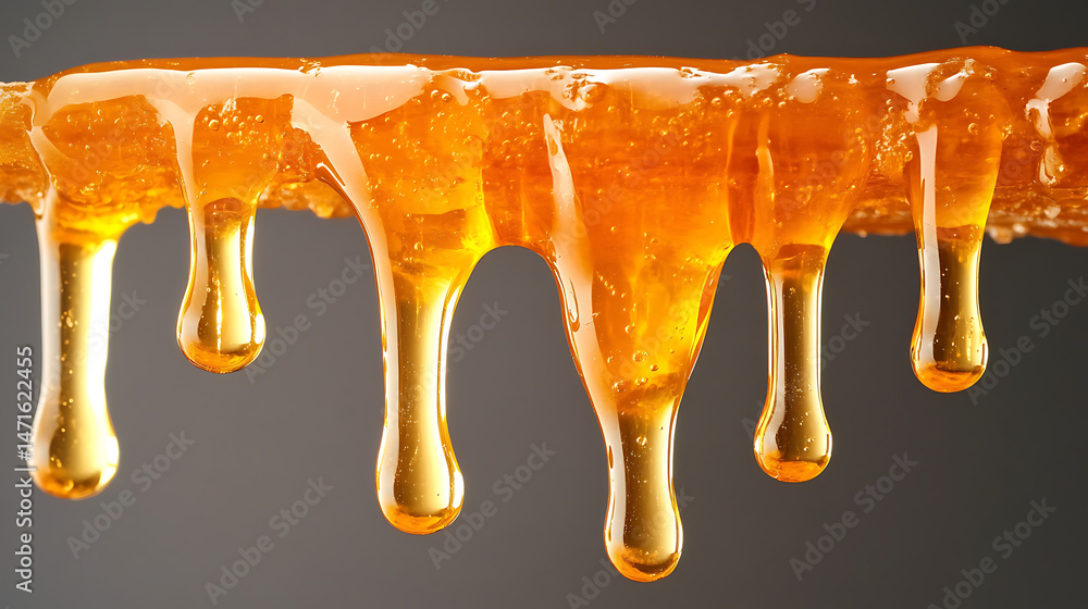 Poster golden honey drips from a wooden stick against a dark gray background in a close-up shot highlightin