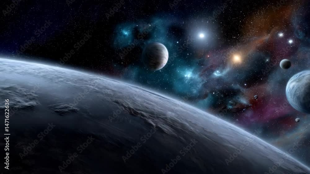 Poster cosmic exploration of planets, moons, and nebula in deep space showcasing celestial bodies and astra